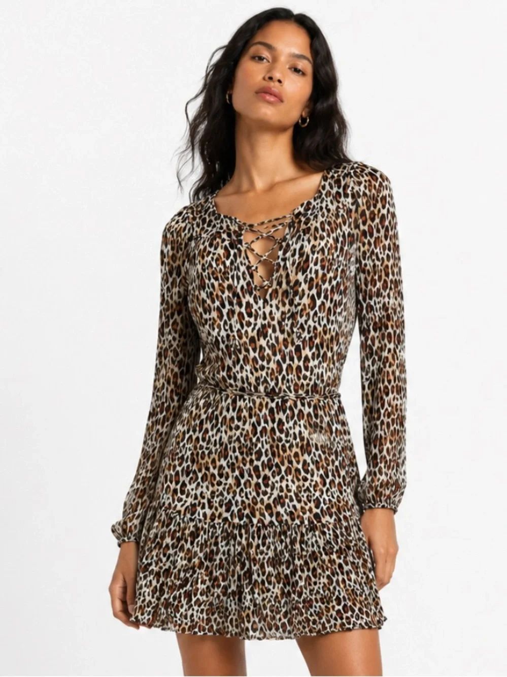 JOIE 100% SILK Leopard Print Long Sleeve Tiered Dress - Neutral